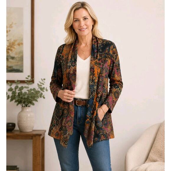 Jones New York Sweaters - Jones New York Open Cardigan Size L Boho Drape Pink Purple Yellow Paisley Gypsy